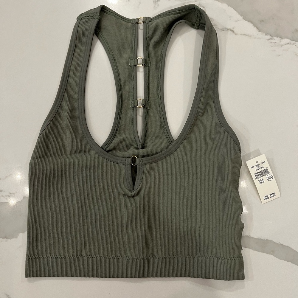 Aerie Olive Green lined Ribbed Sports Bra with gold ring accent